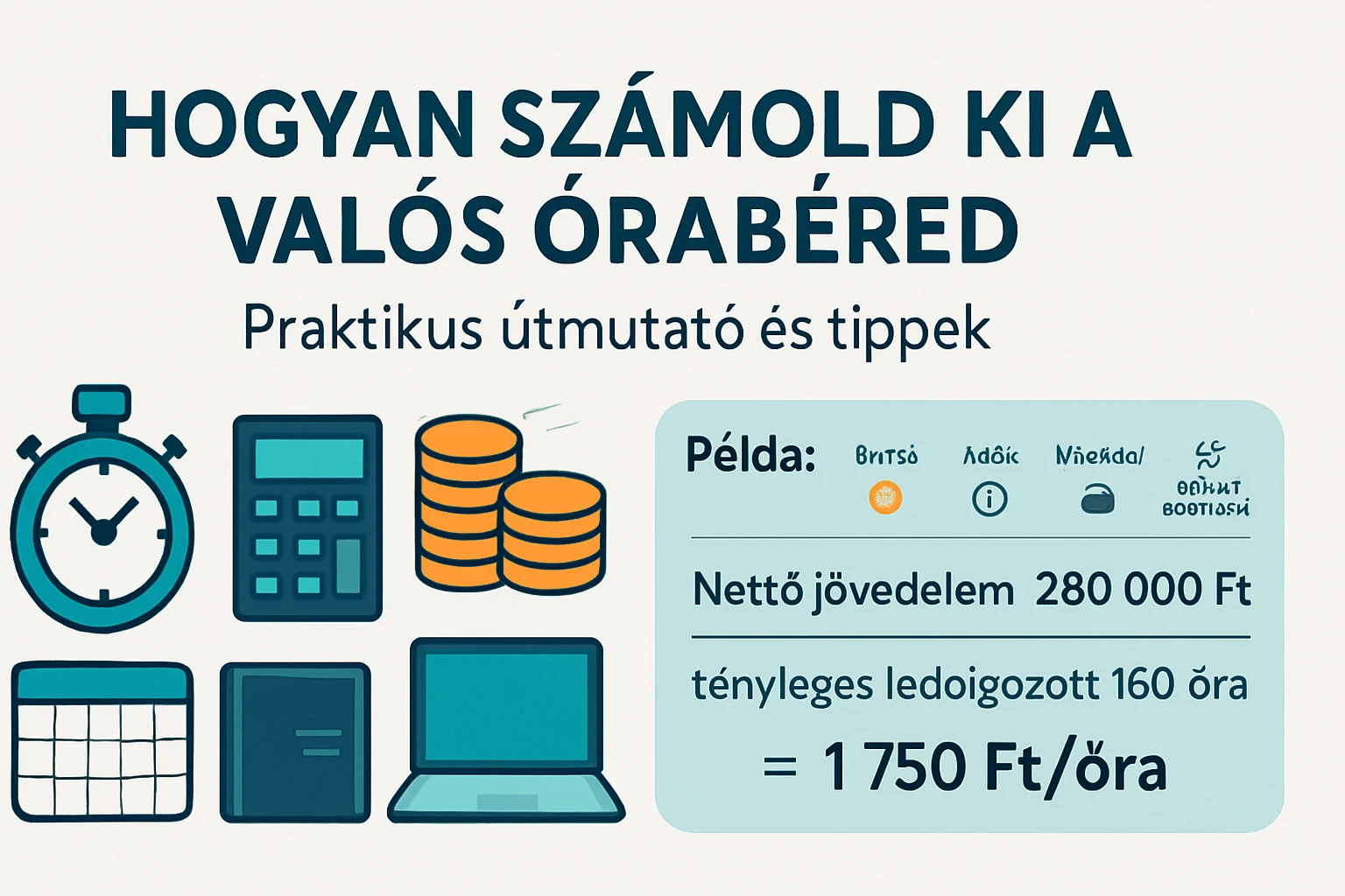 Grafika, amely bemutatja az órabér kiszámításának lépéseit és példát ad a nettó jövedelem alapján.