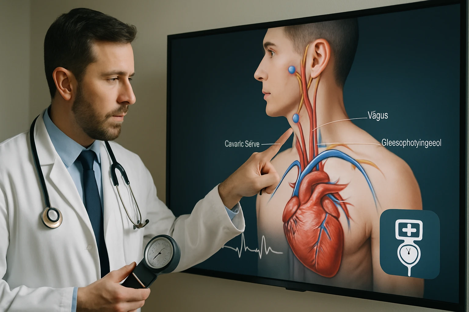 Egy orvos a képernyőn látható emberi szív és érrendszer modelljére mutat.