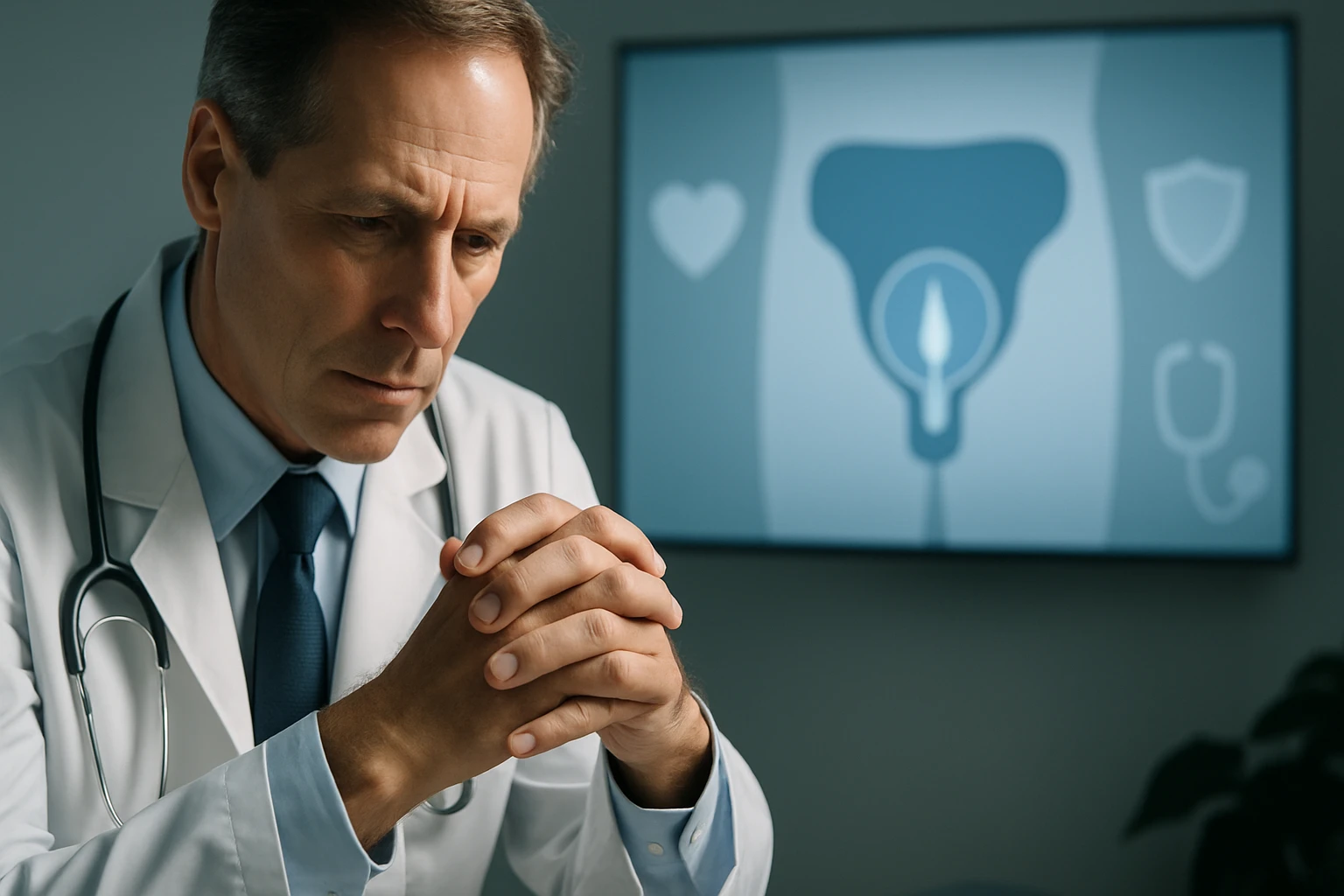 Egy orvos mélyen elgondolkodva néz a monitorra, amelyen egészségügyi szimbólumok láthatók.