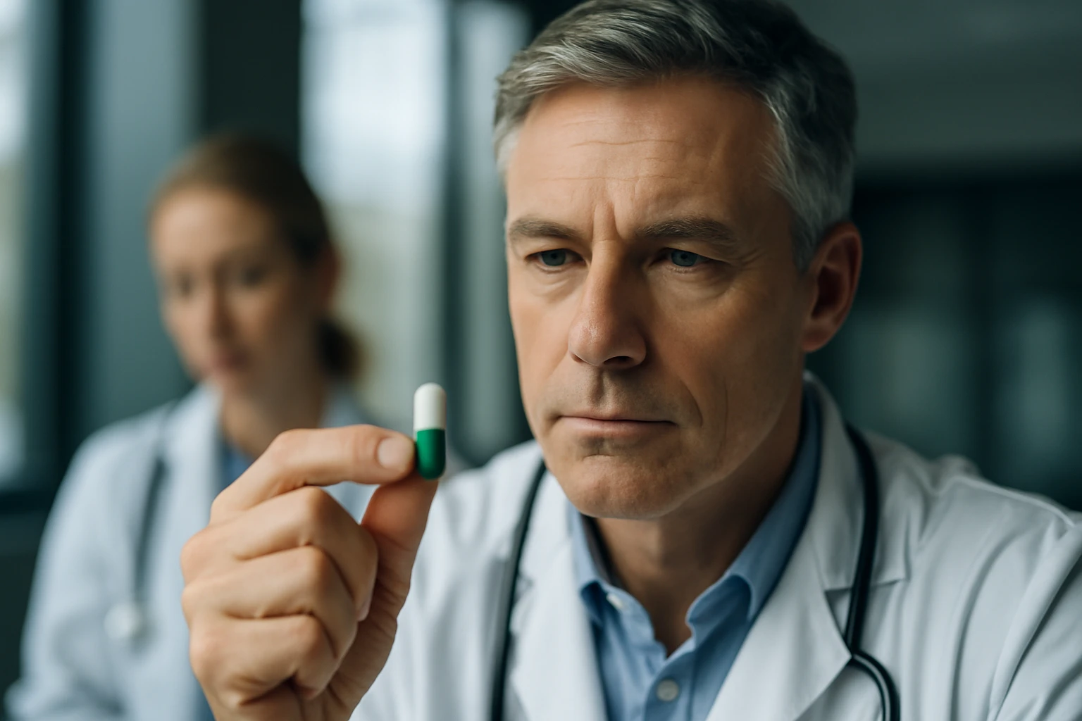 Egy orvos közelről nézi a kezében tartott zöld-fehér kapszulát, háttérben egy női kollégával.