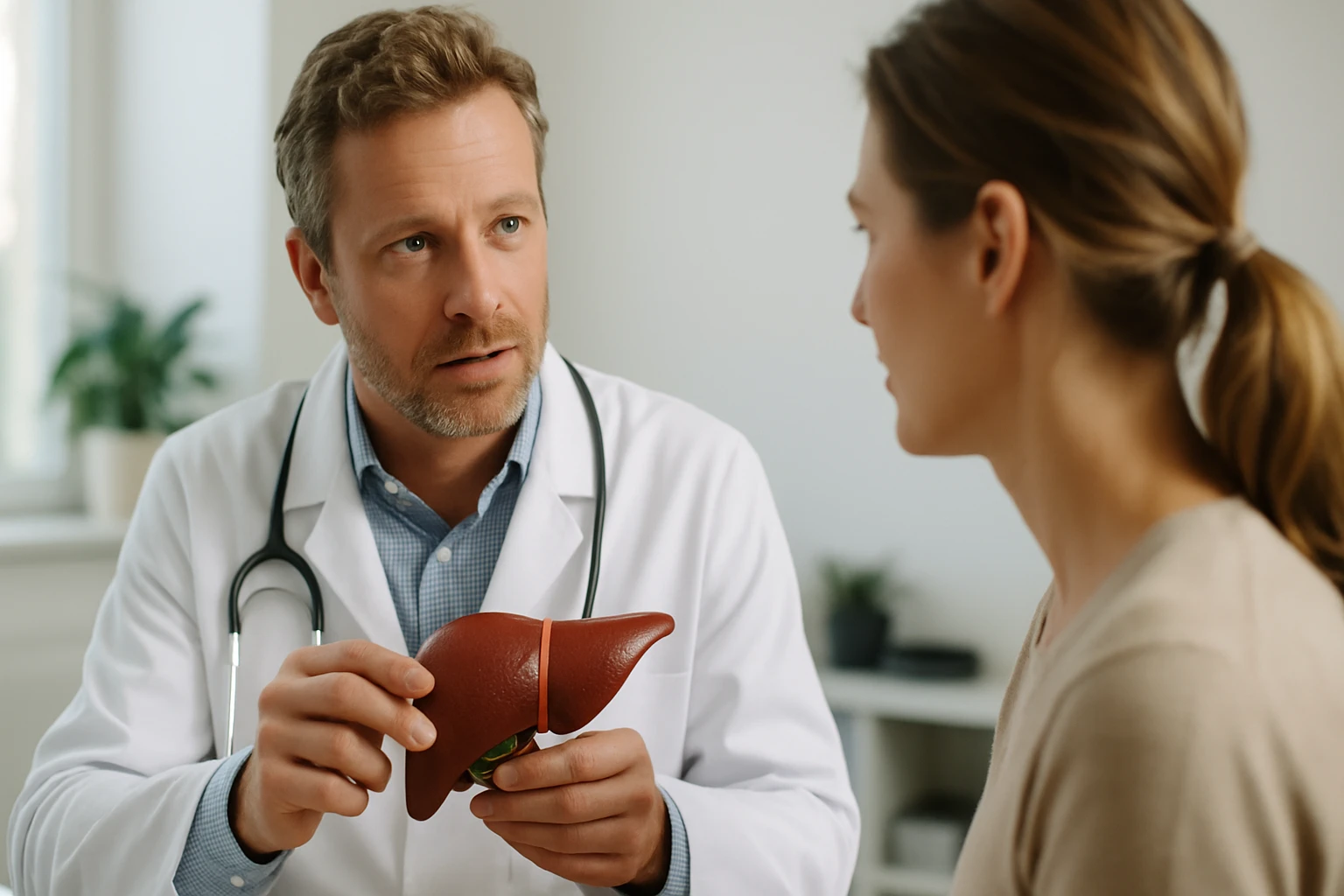 Orvos egy műanyag májat mutat egy páciensnek, miközben beszélgetnek.