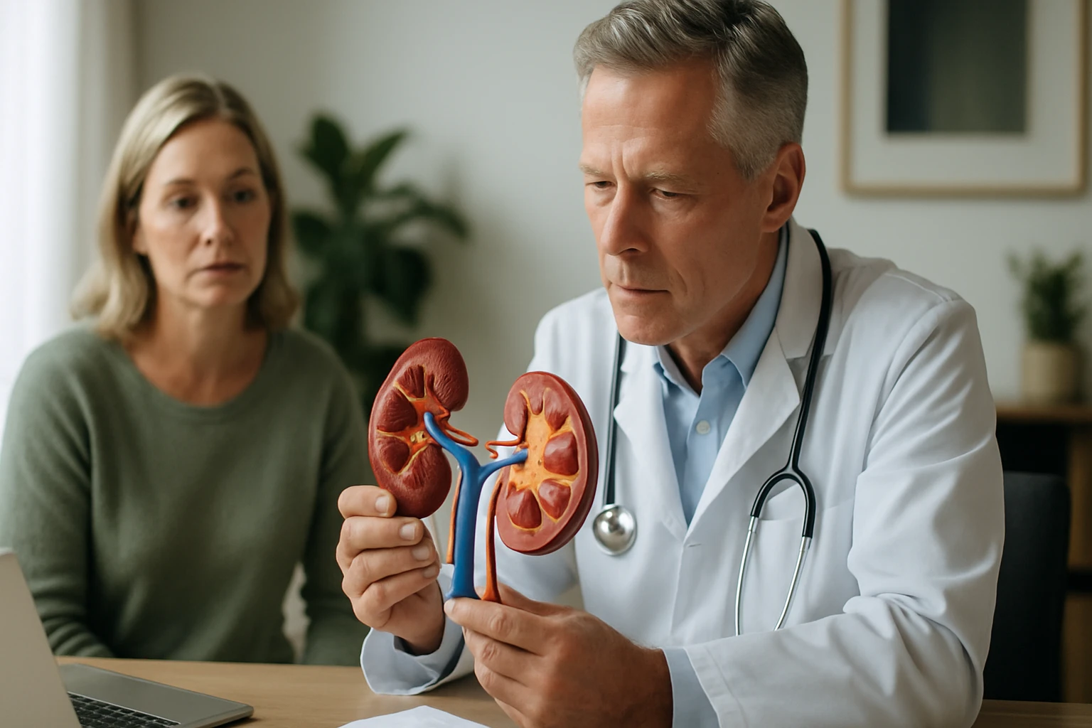 Egy orvos a vesék modelljét mutatja egy pácienseként megjelenő nőnek.