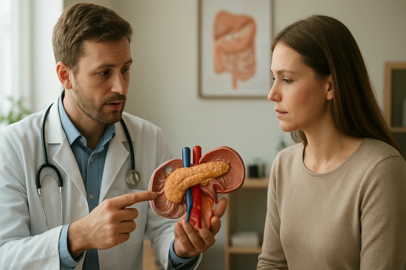 Egy orvos bemutat egy anatómiai modellt, miközben egy nő figyelmesen hallgat.