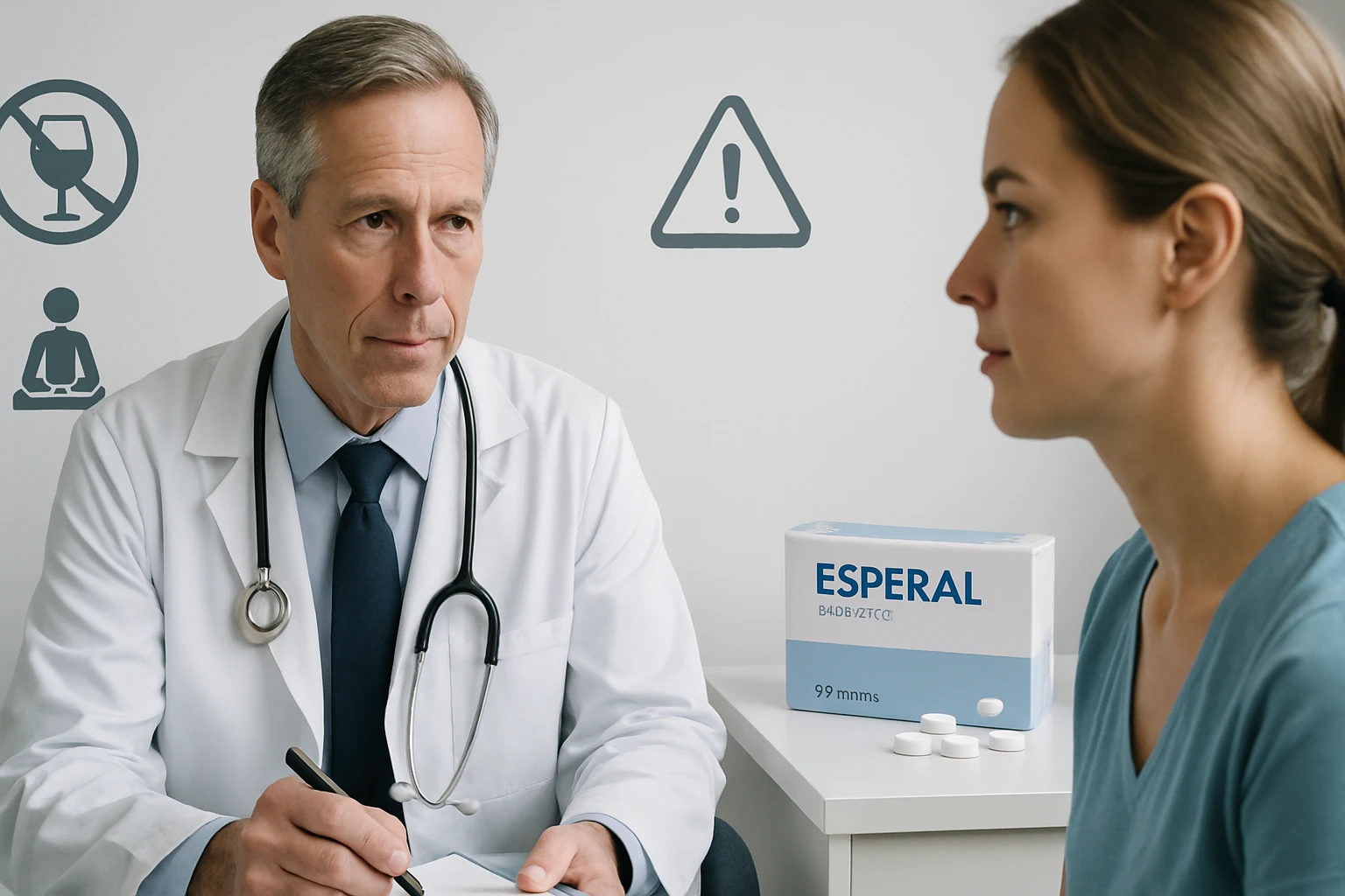 Orvos és páciens konzultál egy egészségügyi rendelőben, a háttérben figyelmeztető ikonokkal.