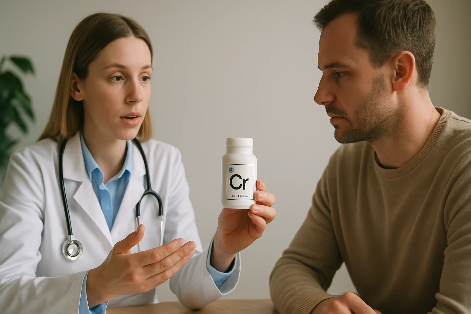 Egy orvos beszélget egy férfival, miközben egy étrend-kiegészítőt mutat.