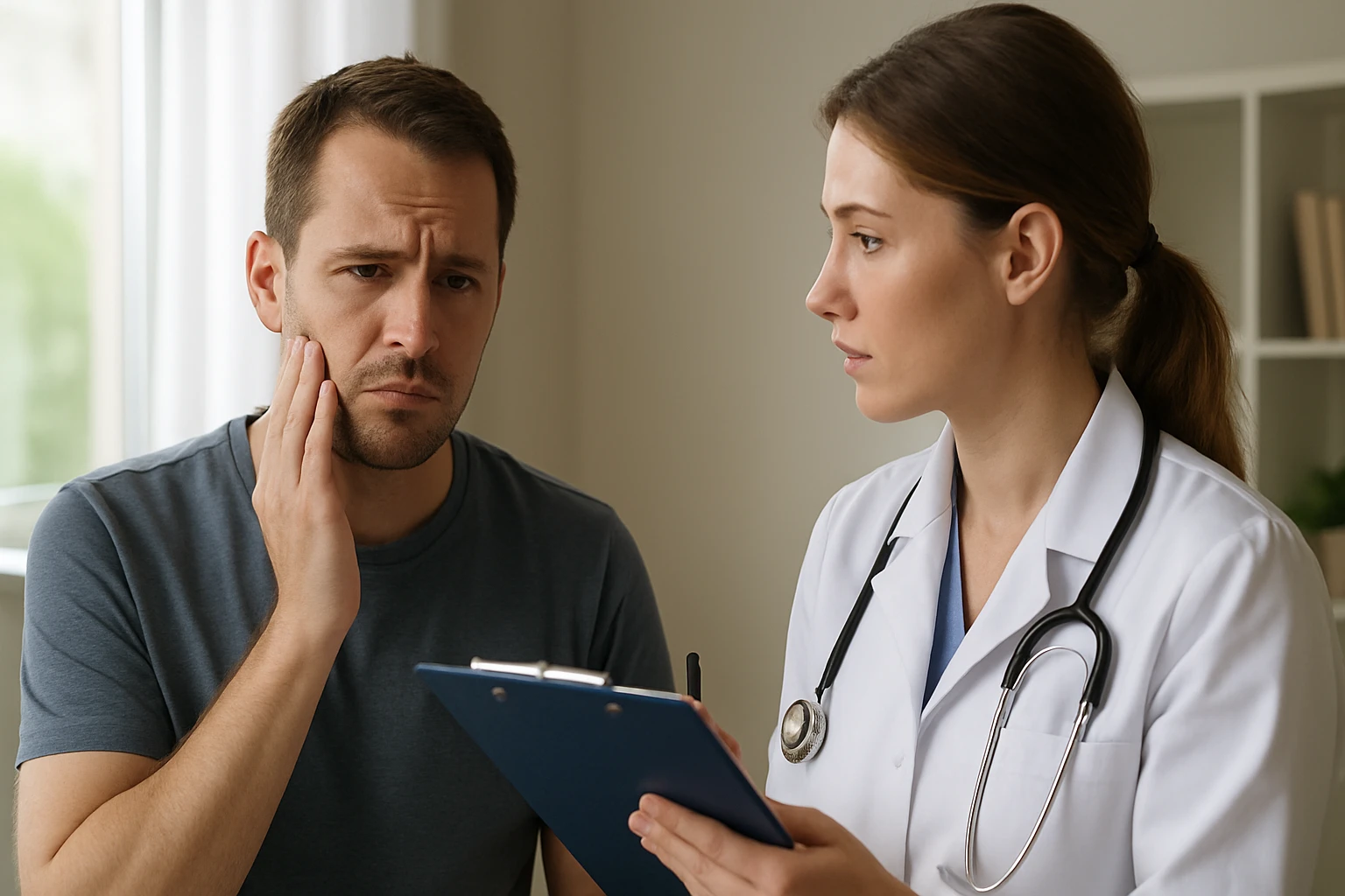 Egy férfi fájdalmas arckifejezéssel, míg egy női orvos jegyzetel.