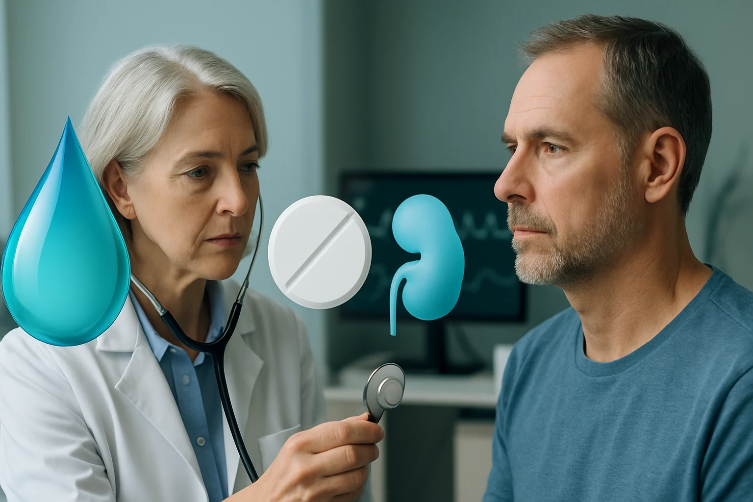 Egy orvos és egy páciens konzultál, miközben gyógyszer és vese szimbólumok láthatók.