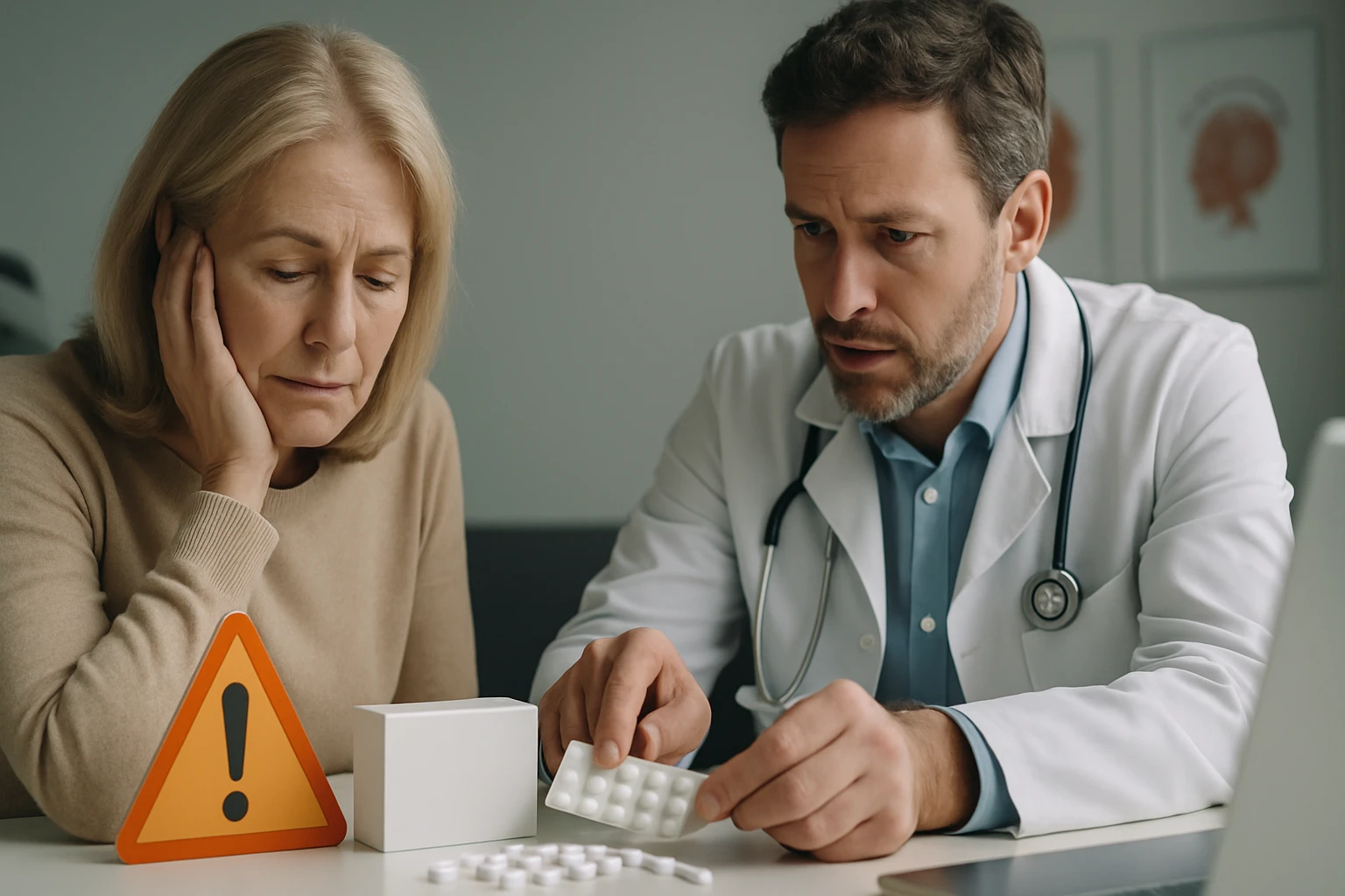 Egy orvos és egy nő beszélgetnek gyógyszerekről, a nő aggódik.