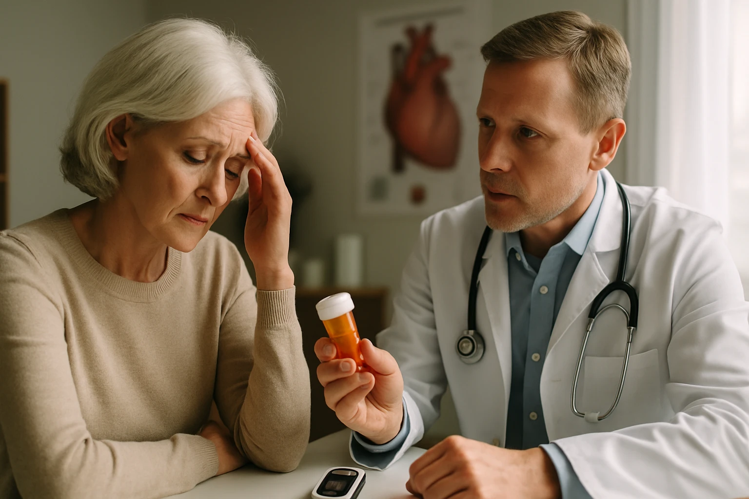 Egy orvos és egy szomorú nő beszélgetnek gyógyszerről egy rendelőben.