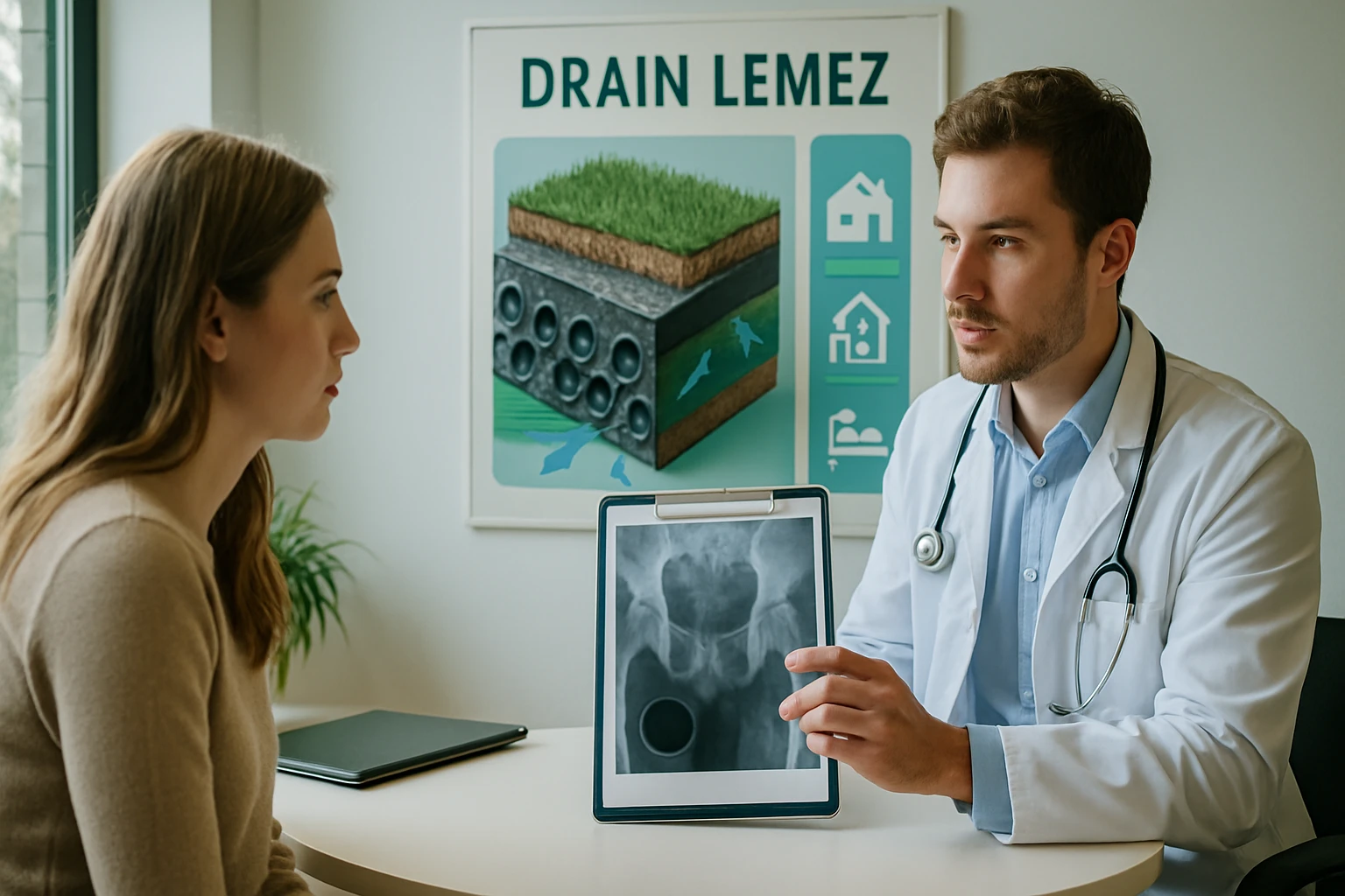 Egy orvos egy röntgenfelvételt mutat egy fiatal nőnek, aki figyelmesen hallgat.