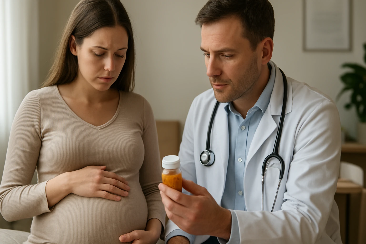 Egy terhes nő és orvosa beszélgetnek, az orvos gyógyszert mutat a nőnek.