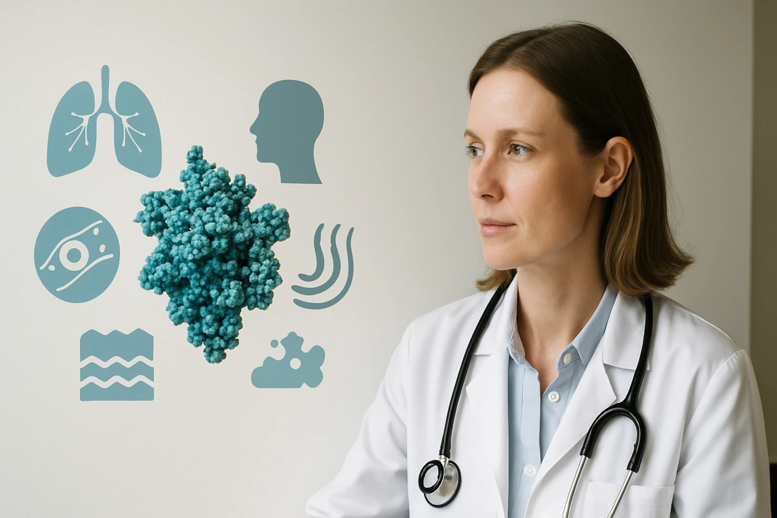 Egy orvos nő figyelmesen néz, mögötte egészségügyi szimbólumokkal és egy vírusmodelllel.