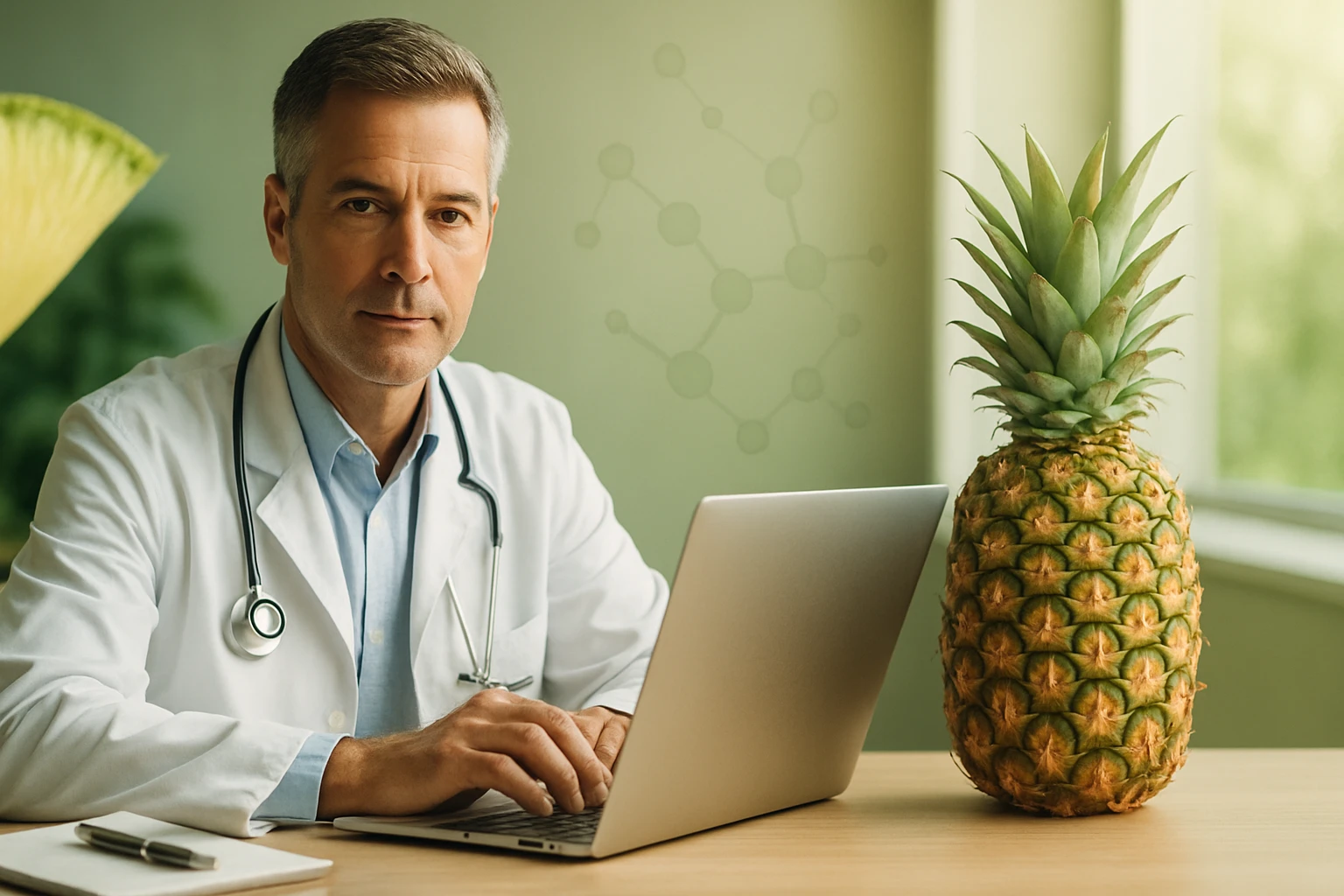 Egy orvos fehér köpenyben, laptop előtt ülve, mellette egy ananász.