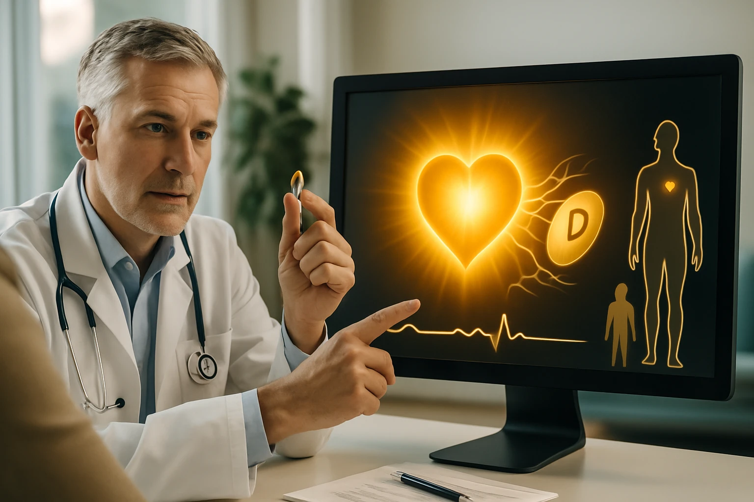Egy orvos a számítógép képernyőjén szív- és egészségügyi grafikákat mutat.