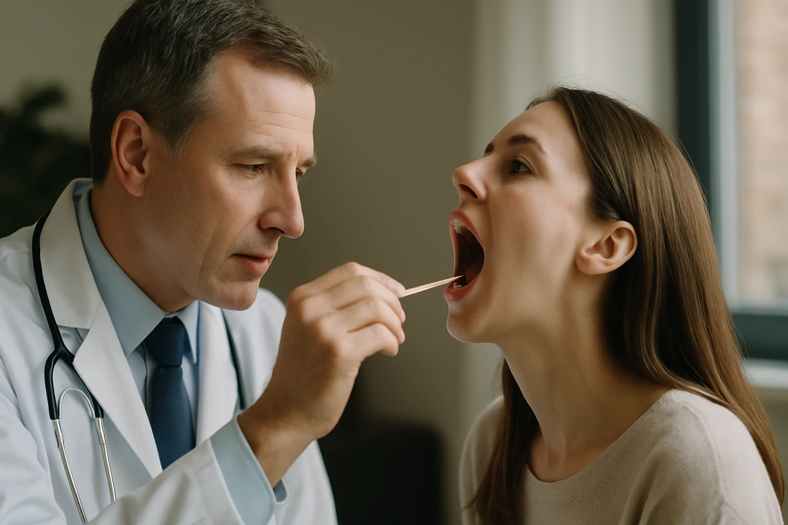 Egy orvos vizsgálja a páciens torkát egy fapálcikával, figyelmesen nézve.