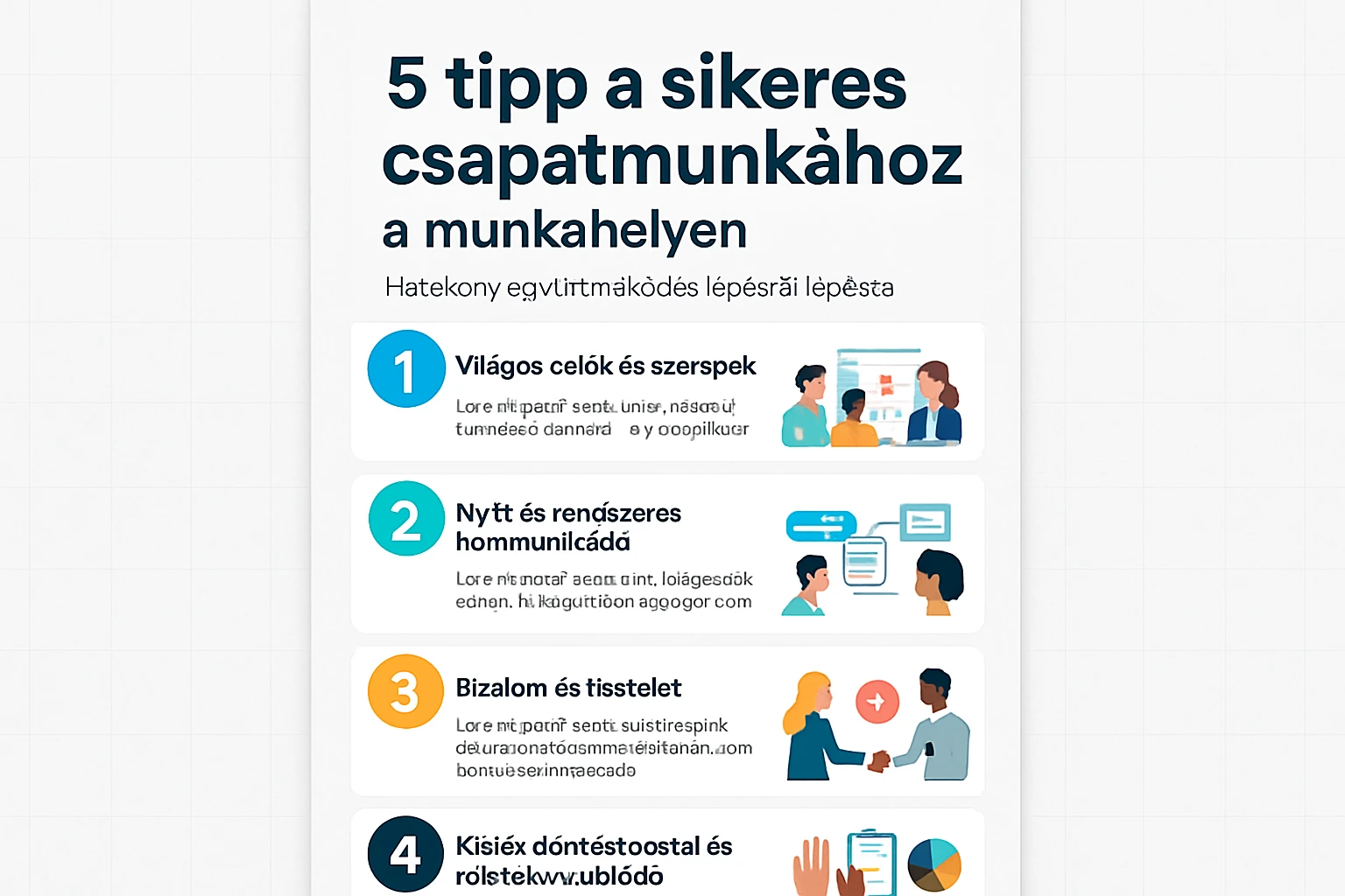 Infografika öt tippel a sikeres csapatmunkához a munkahelyen, lépésről lépésre.