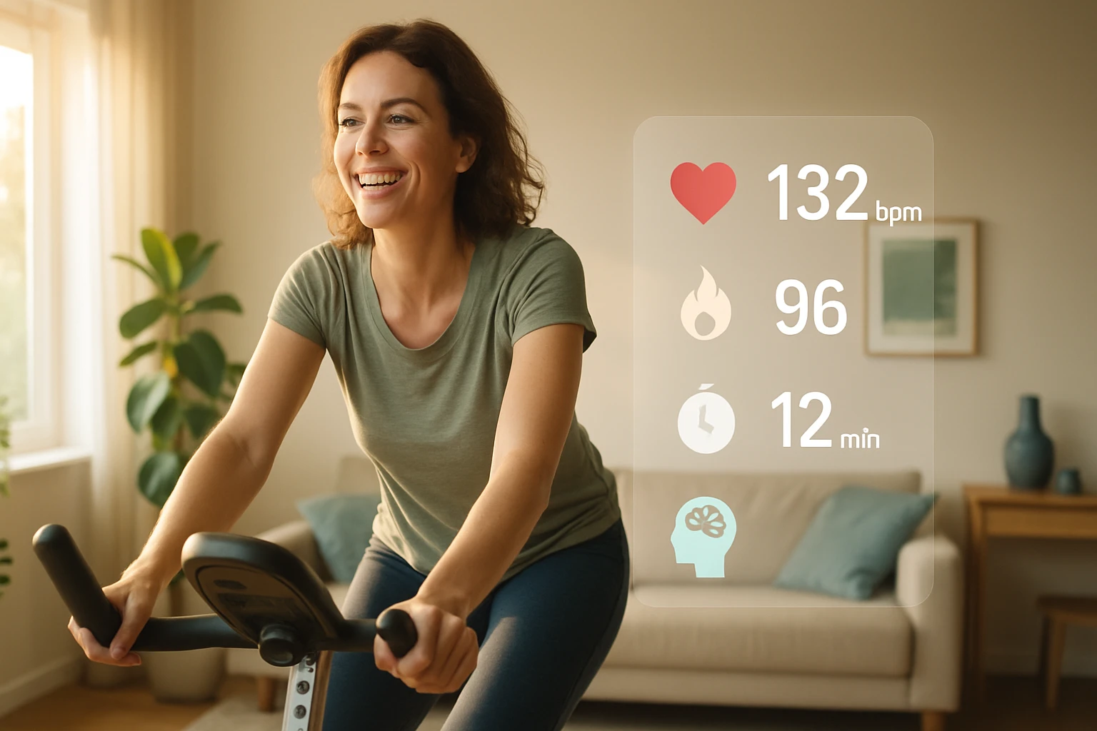 Egy nő kerékpáron edz otthon, mosolyogva néz a képernyőre, amelyen edzésadatai láthatók.