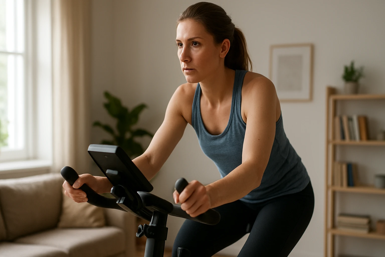 Egy nő kerékpáron edz otthon, koncentrált arckifejezéssel.