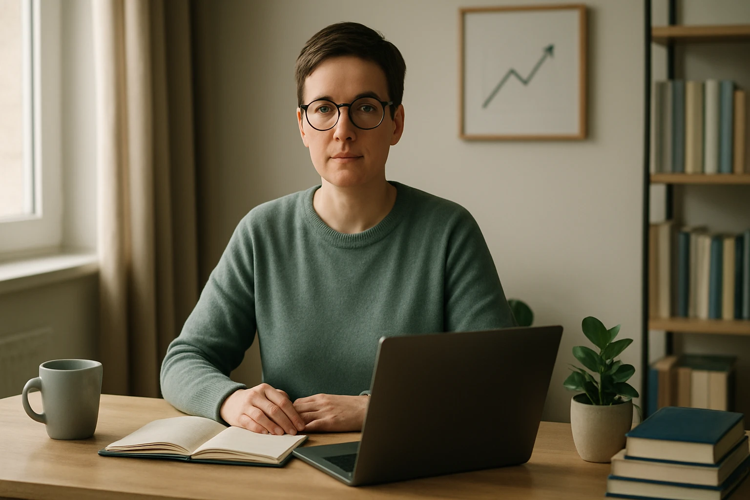 Egy fiatal nő ül egy asztalnál, laptop előtt, jegyzetfüzettel és kávéval.