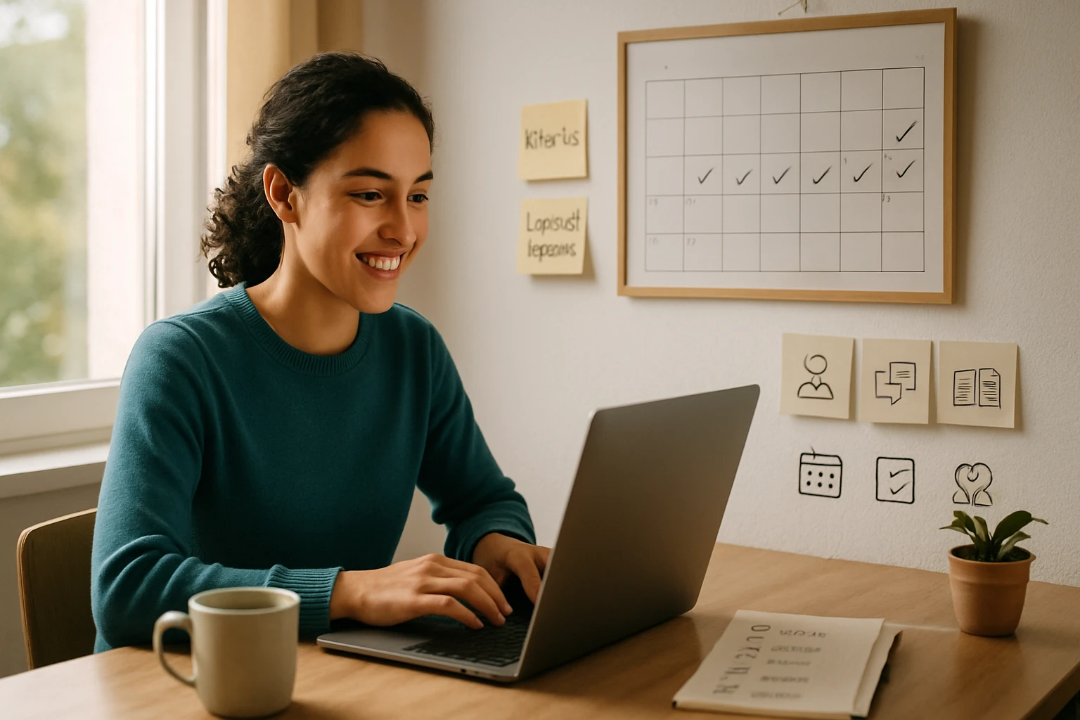 Egy fiatal nő mosolyogva dolgozik laptopján egy világos, otthoni irodában.