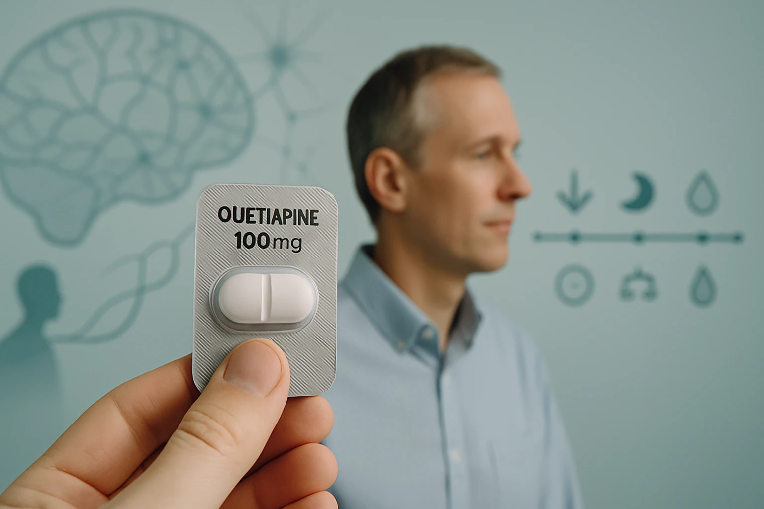 Egy kézben tartott Ouetiapine 100 mg tabletta, háttérben egy férfi és agyi illusztrációk.