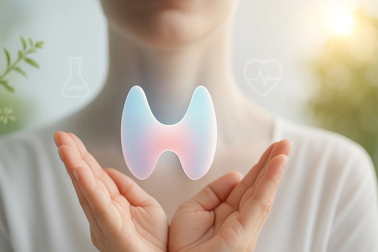 Egy női kézben lebegő pajzsmirigy szimbólum, háttérben egészségügyi ikonokkal.