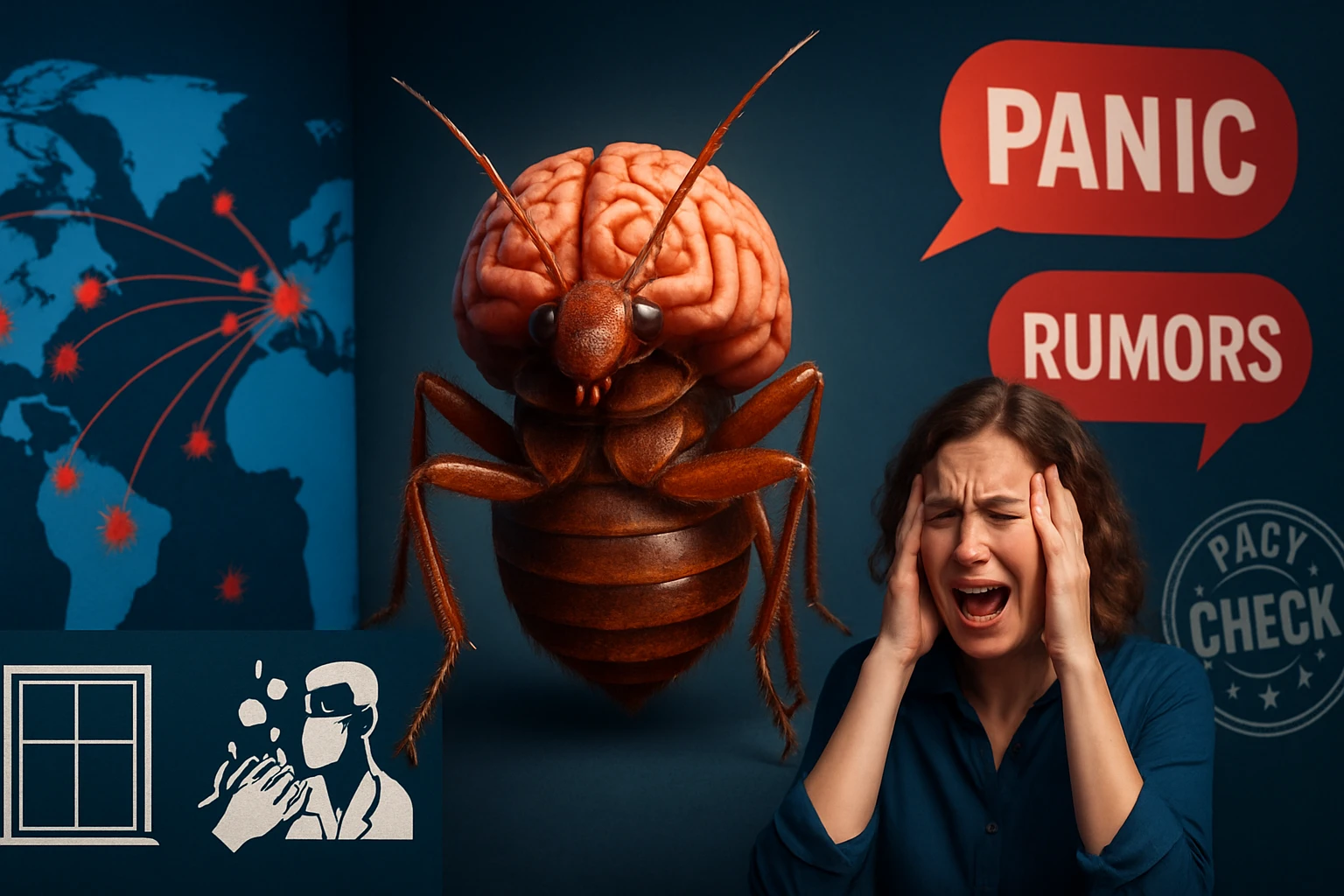 Egy nő kétségbeesetten fogja a fejét, miközben egy hatalmas, agyformájú bogár áll mellette.