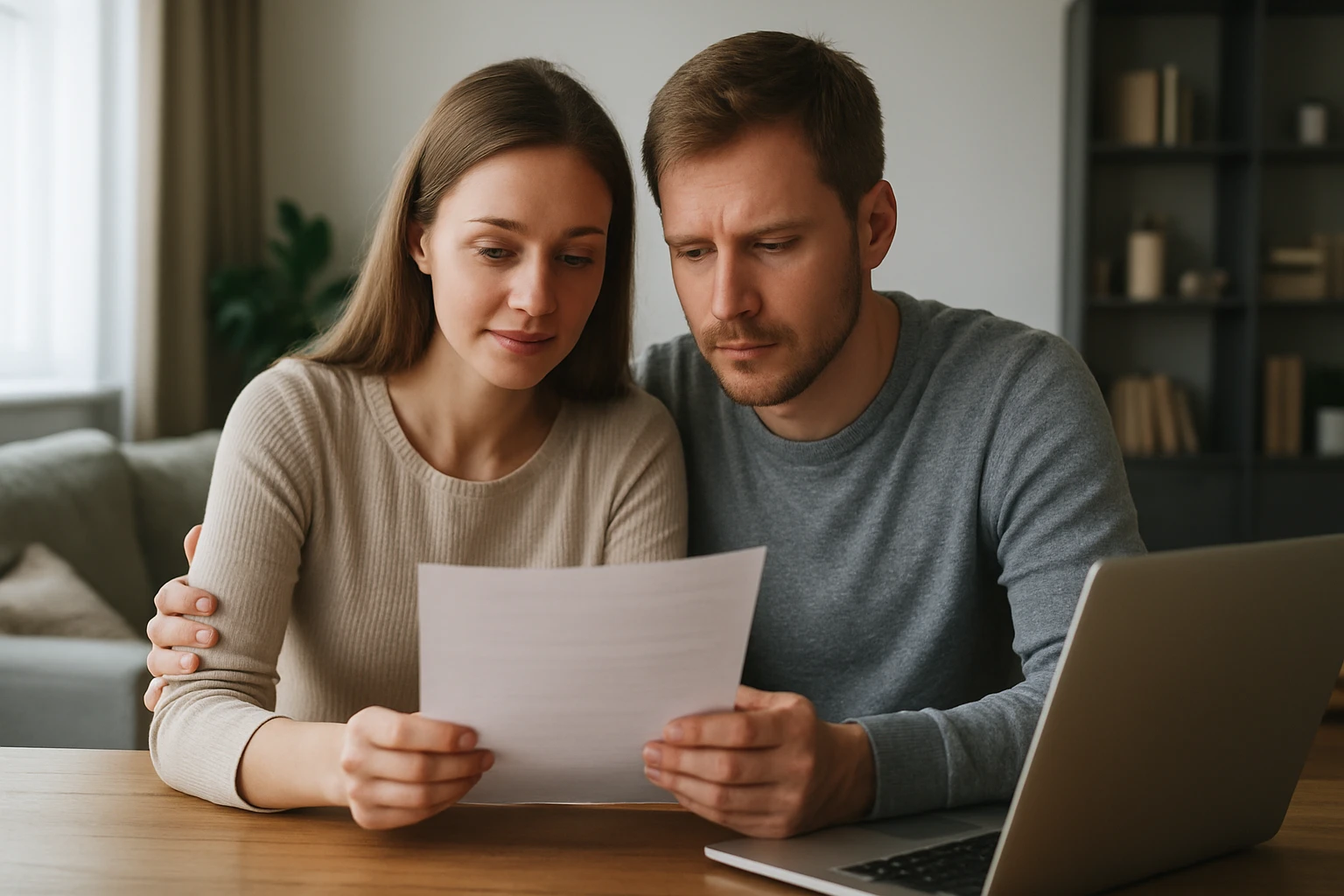 Egy fiatal pár együtt ül egy asztalnál, papírt nézve, laptop mellett.