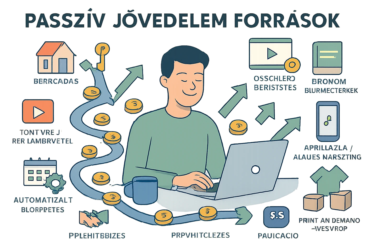 Egy fiatal férfi ül egy asztalnál, laptopot használ, körülötte passzív jövedelem forrásait bemutató ikonok láthatók.