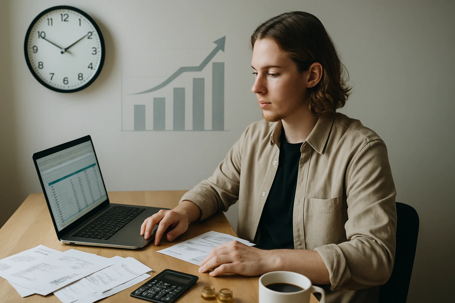Egy fiatal férfi számítógép előtt ül, pénzügyi dokumentumokat néz, háttérben grafikon.