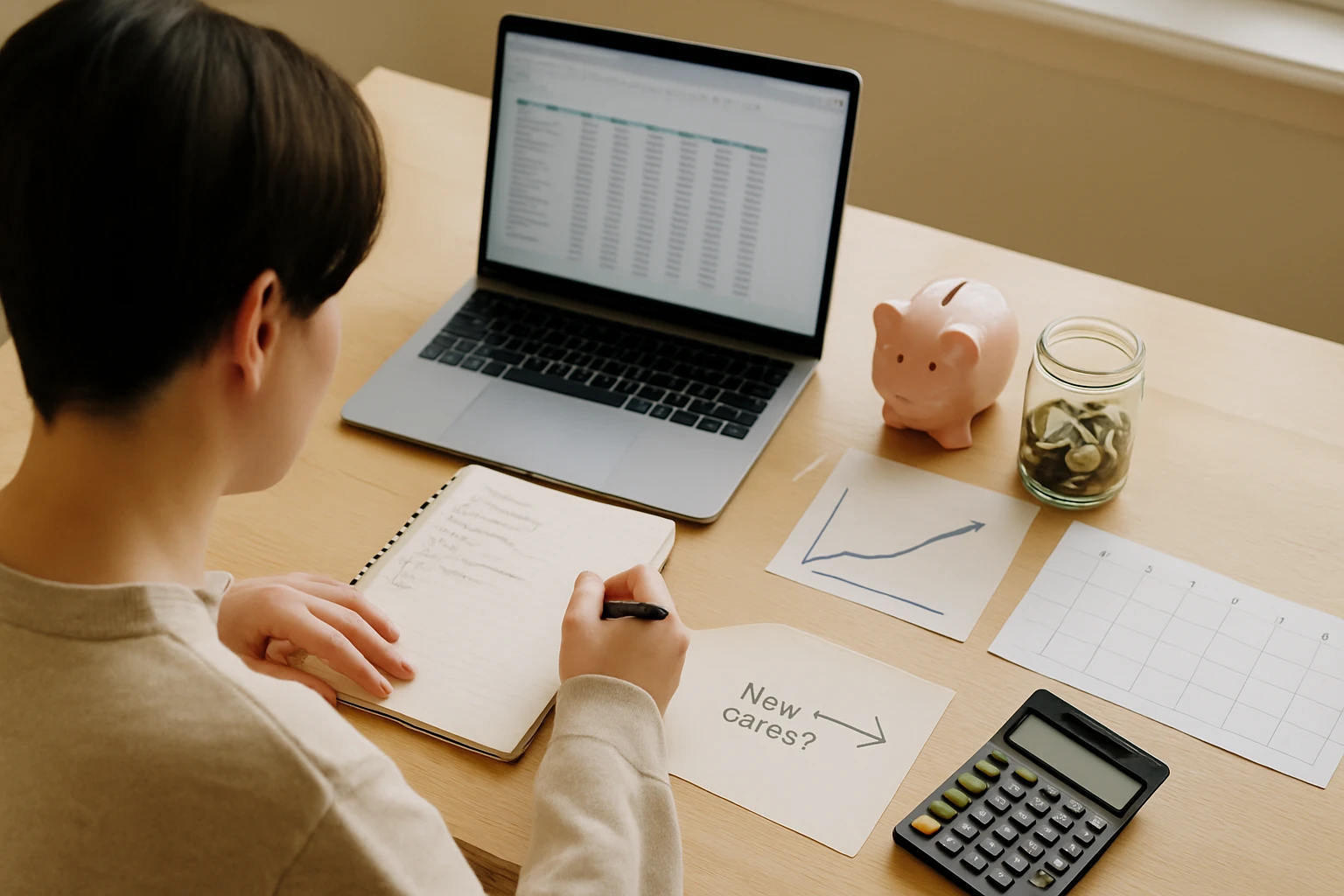 Egy fiatal ember jegyzetel egy asztalon, laptop és pénzgyűjtő malac mellett.