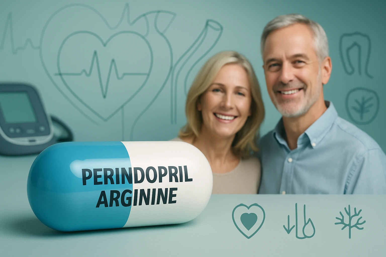 Egy pár mosolyog a kamerába, háttérben egy Perindopril Arginin kapszula és szív egészségét jelképező grafikák.