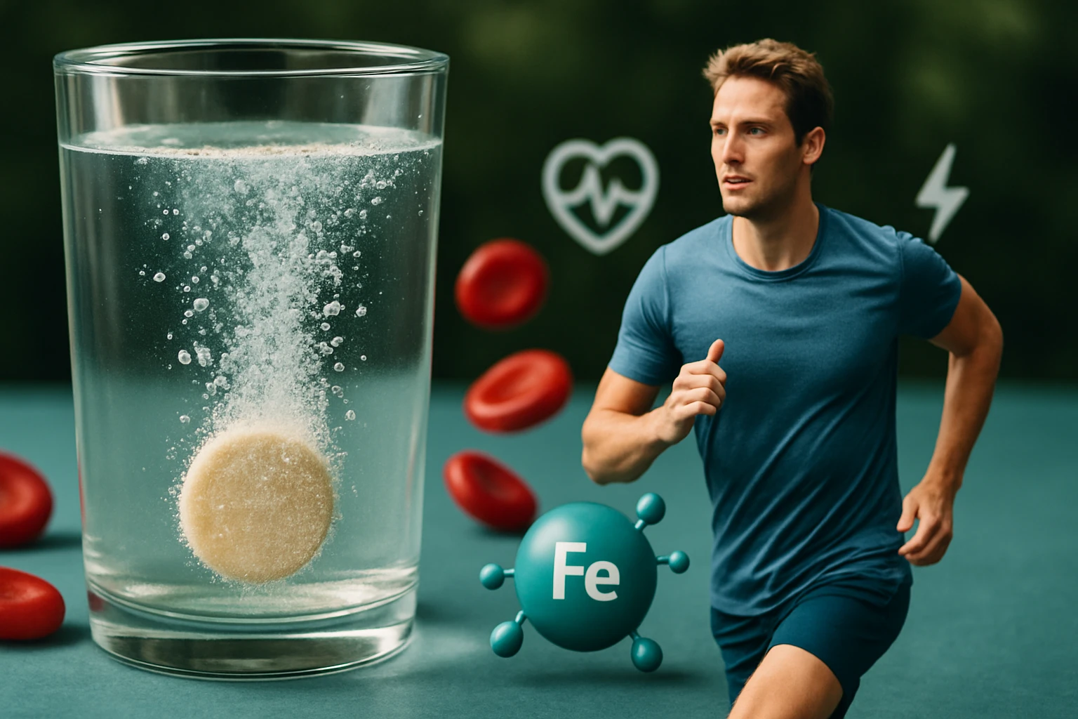 Egy pezsgőtabletta oldódik egy pohár vízben, miközben egy sportoló fut.