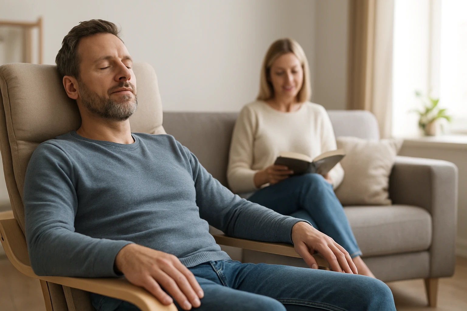 Egy férfi pihen egy kényelmes fotelben, míg egy nő könyvet olvas a háttérben.