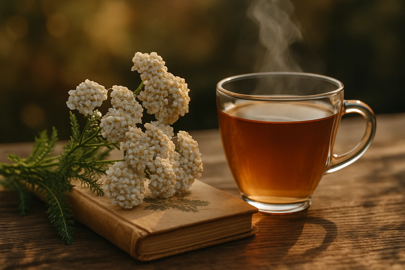 Egy csésze gőzölgő tea, mellette fehér virágok és egy régi könyv.