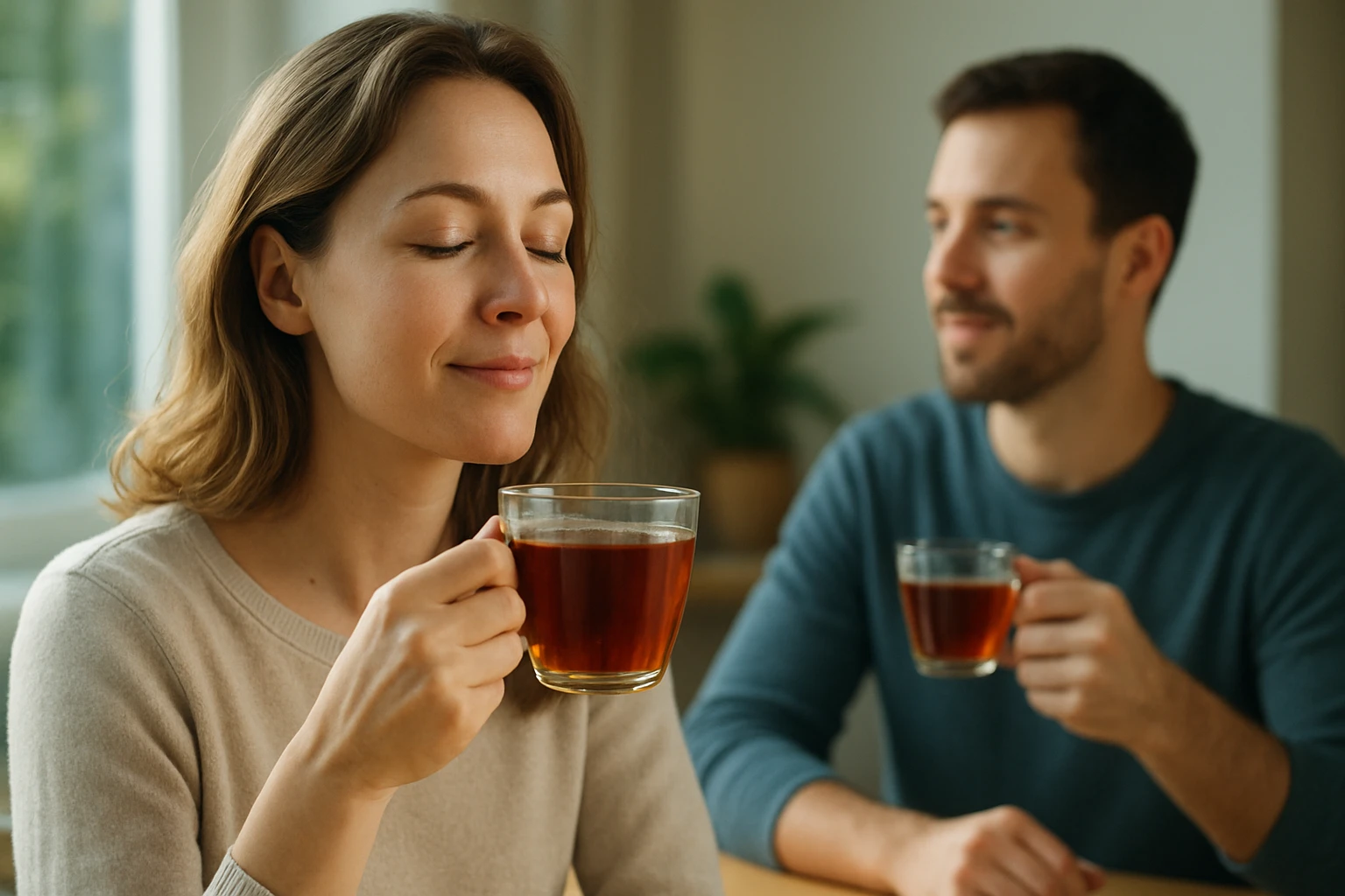 Egy nő és egy férfi ül egy asztalnál, mindketten teát isznak, a nő élvezi az italt.