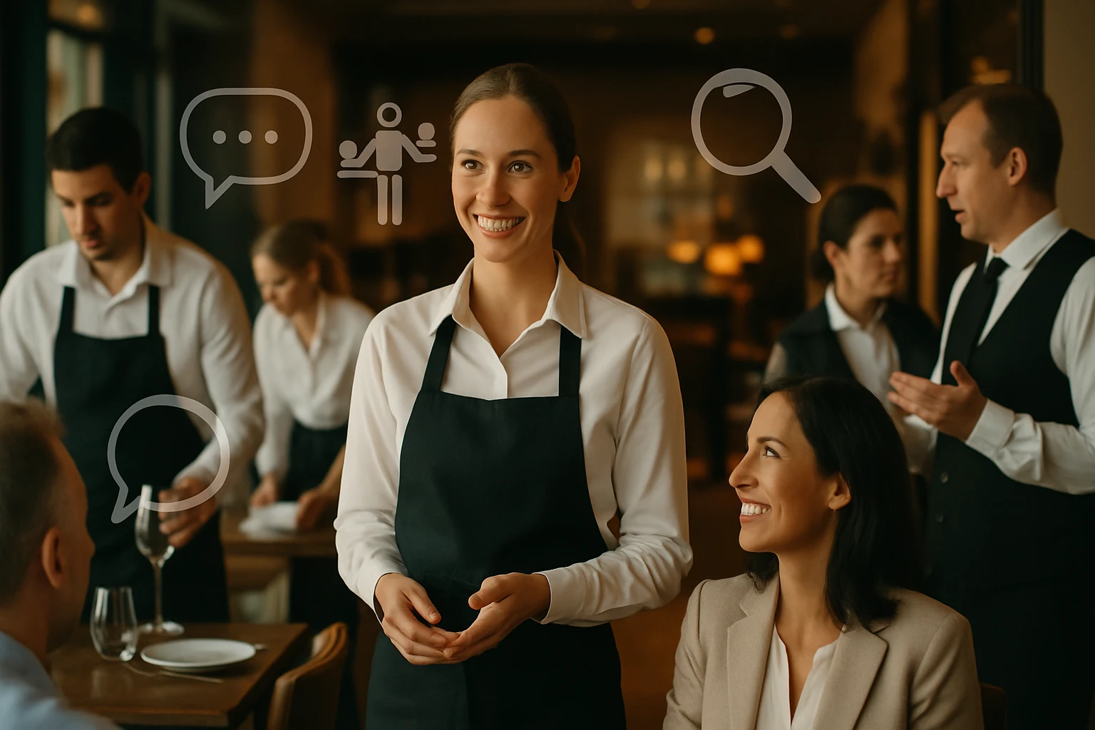 Egy étteremben dolgozó pincérnő mosolyogva beszélget egy vendéggel, miközben más pincérek is szolgálnak.
