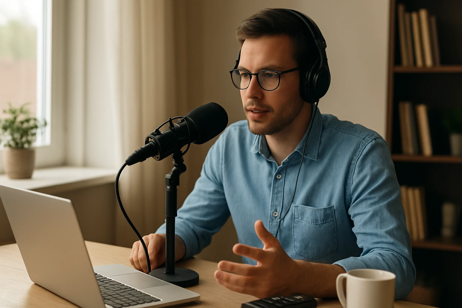 Egy fiatal férfi beszélget egy mikrofonba, laptop előtt ülve, fejhallgatóval.