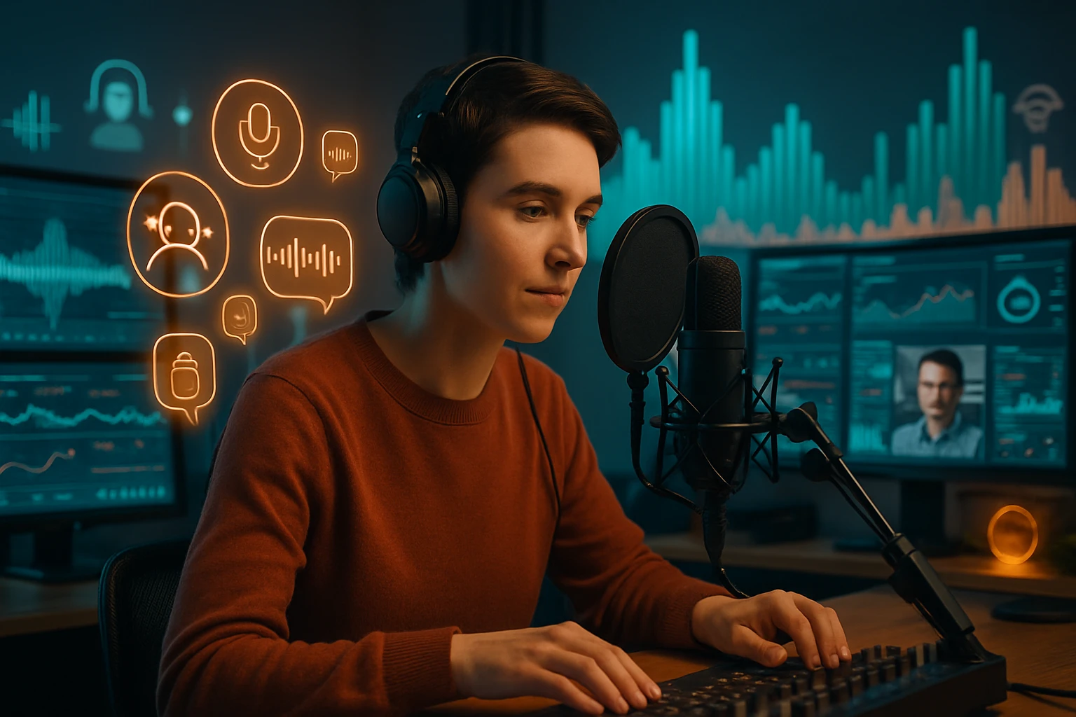 Egy fiatal nő mikrofon előtt ül, fejhallgatóval, háttérben digitális grafikonokkal.