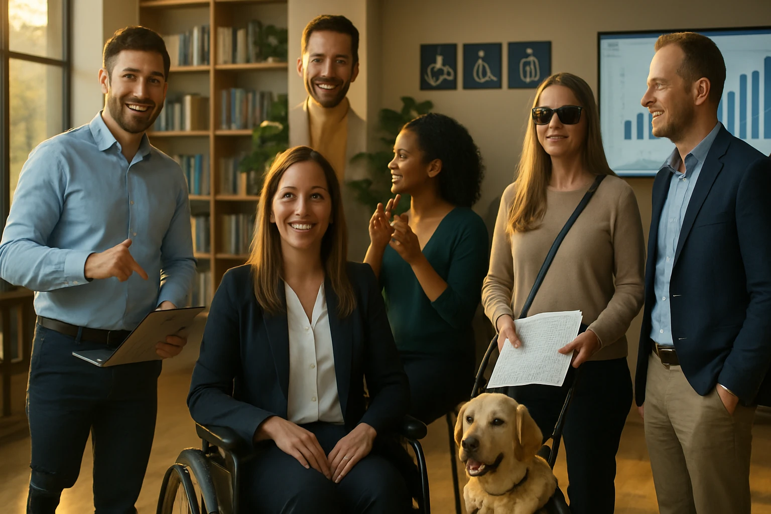 Egy nő kerekesszékben ül, körülötte öt ember mosolyog, köztük egy kutya is látható.