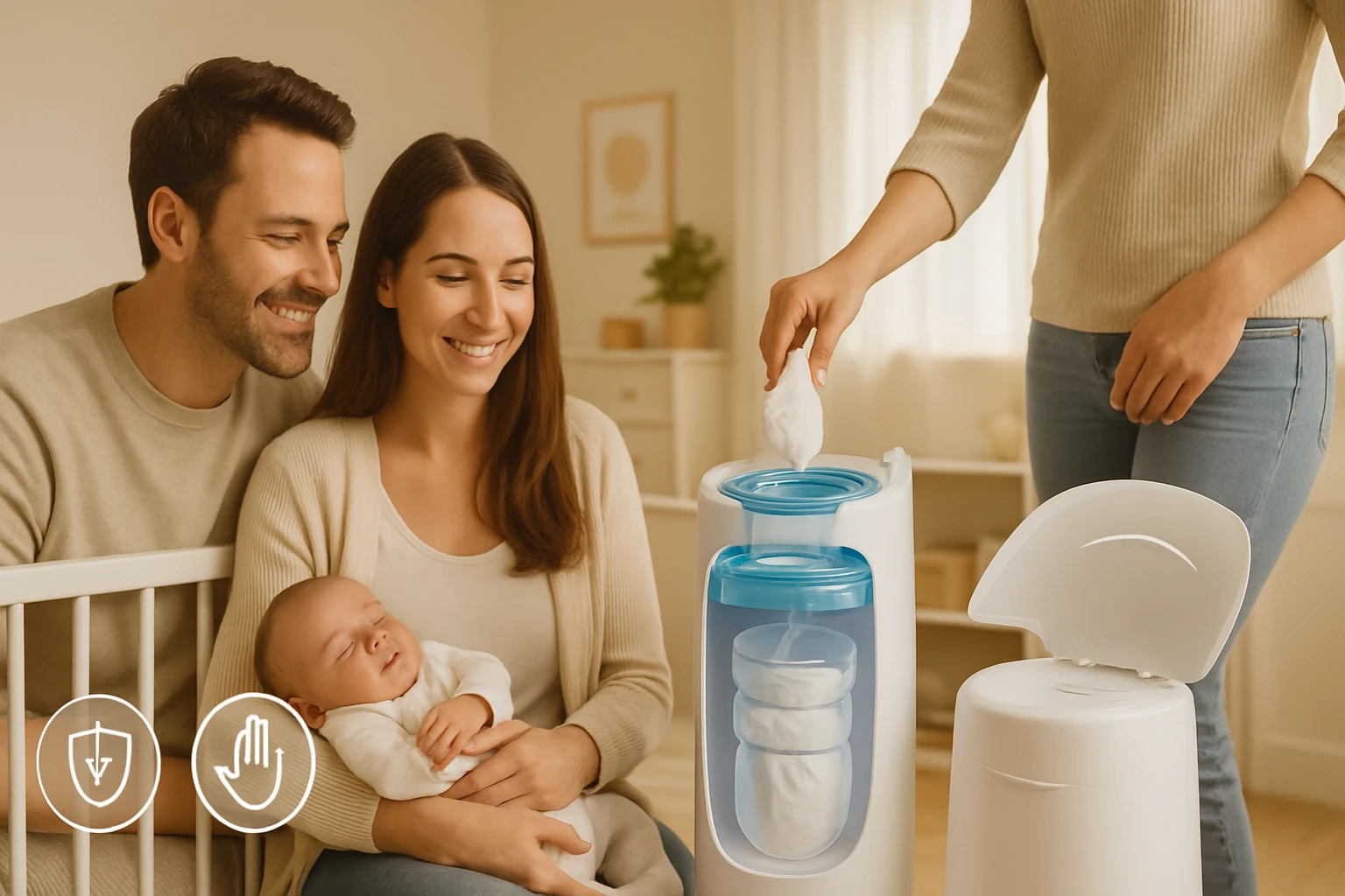 Egy fiatal család boldogan nézi a babát, miközben egy nő nedves törlőkendőt vesz ki egy tárolóból.