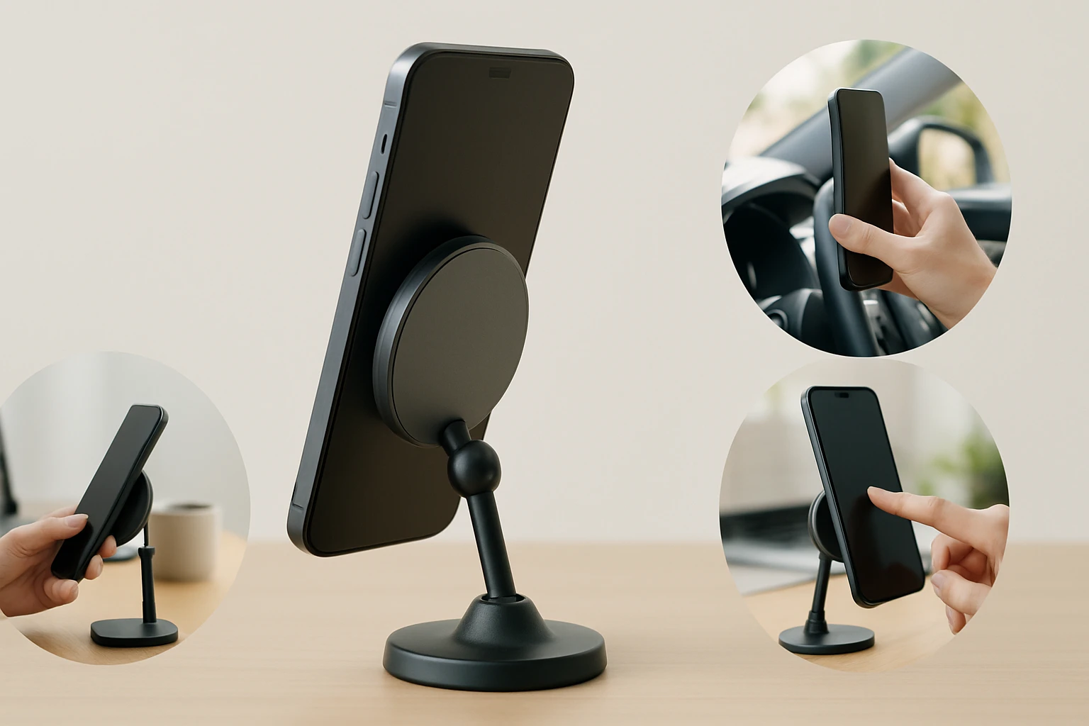 Egy modern telefonállvány, amelyen egy okostelefon látható, különböző szögekből.