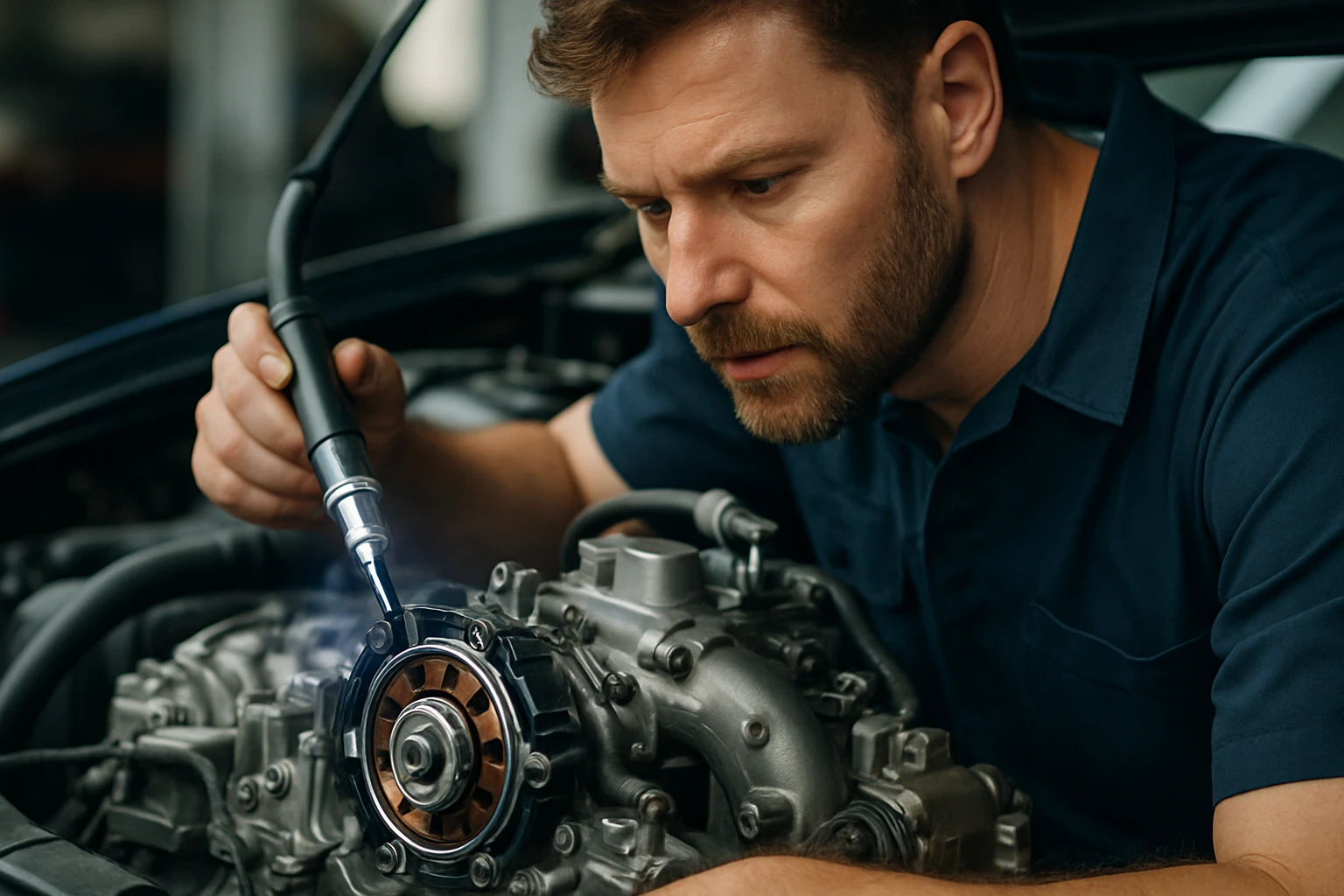 Egy férfi precízen dolgozik egy autó motorján, hegesztőpisztollyal a kezében.