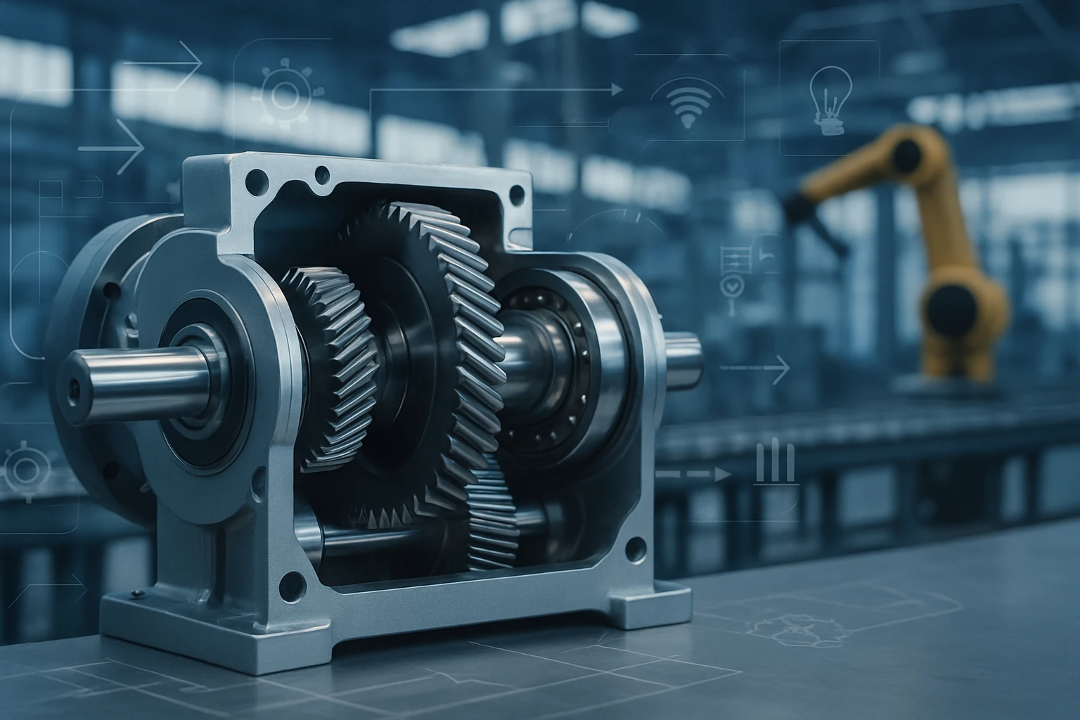 Egy precíziós gépalkatrész, fogaskerekekkel és fémes felülettel, ipari környezetben.