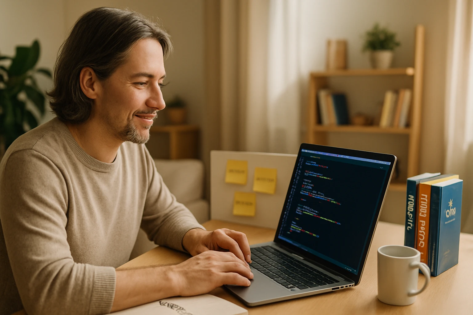 Egy férfi mosolyogva dolgozik a laptopján, programkódot ír egy otthoni irodában.