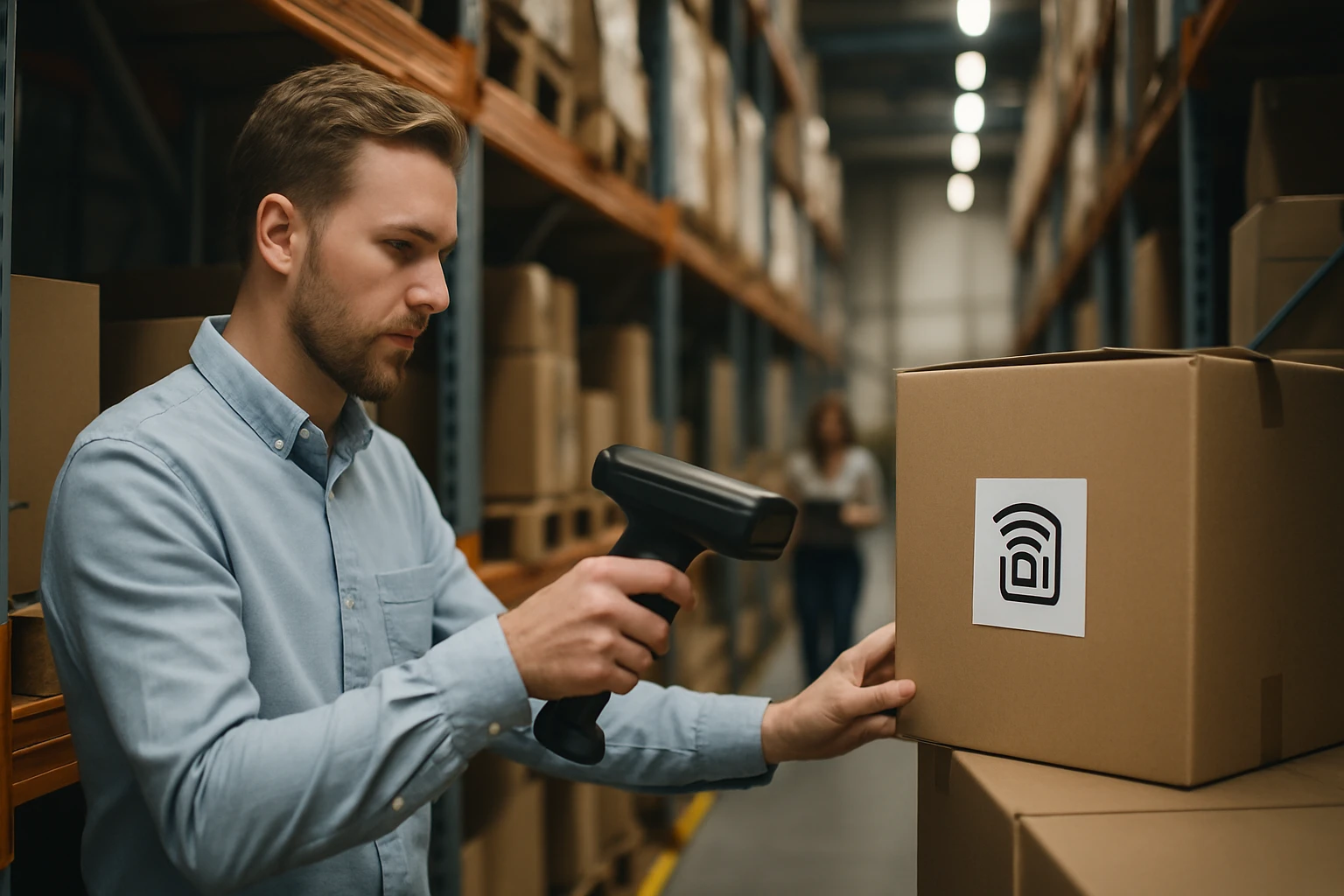 Egy férfi vonalkódolvasóval dolgozik egy raktárban, dobozokat ellenőrizve.