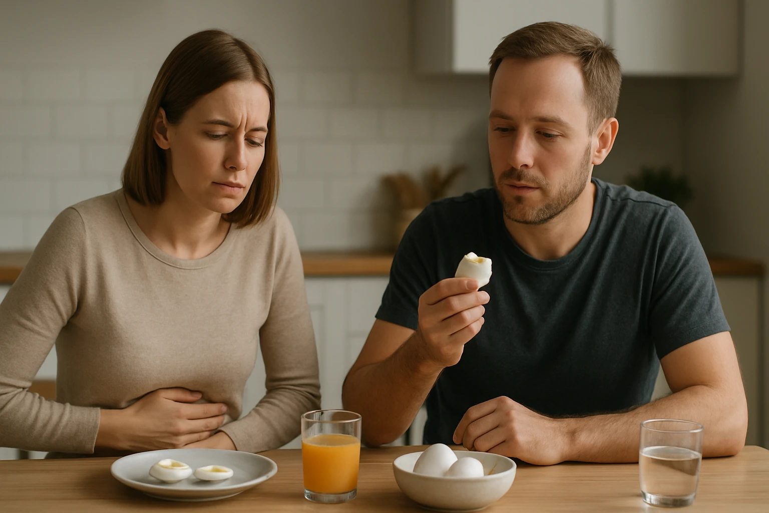 Egy nő fájdalmas arccal a hasát fogja, míg egy férfi tojást néz.