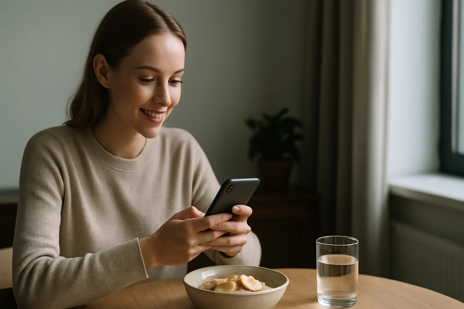 Egy fiatal nő mosolyogva nézi a telefonját, miközben reggelizik.