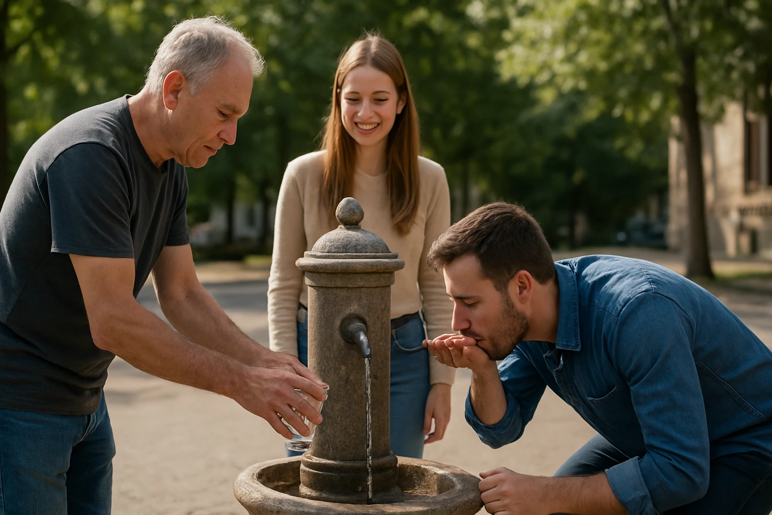 Két férfi és egy nő áll egy régi ivókút mellett, az egyik férfi vizet merít, a másik a kezéből iszik.