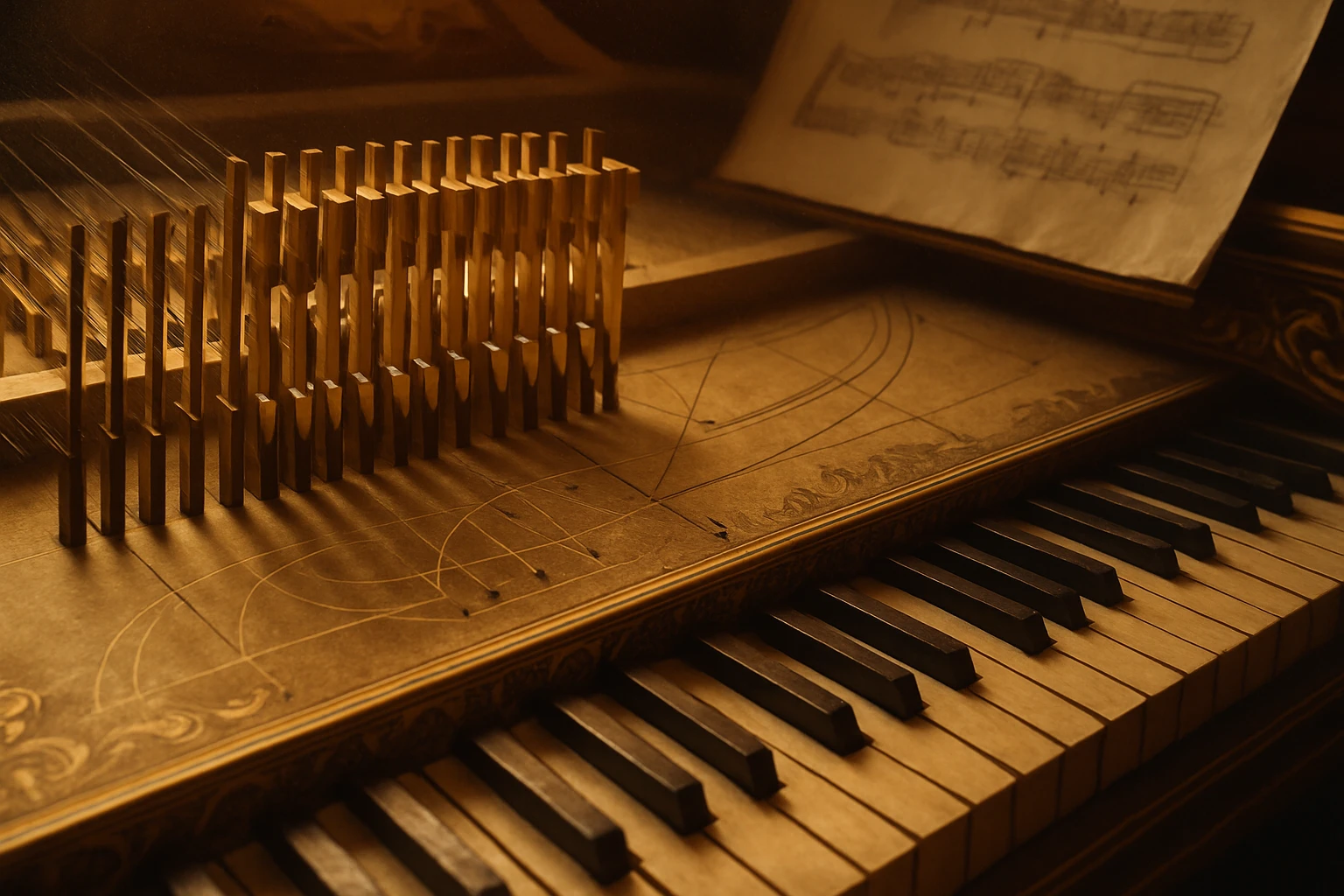 Egy régi zongora billentyűi és egy hangszer mechanikája látható, háttérben kottával.